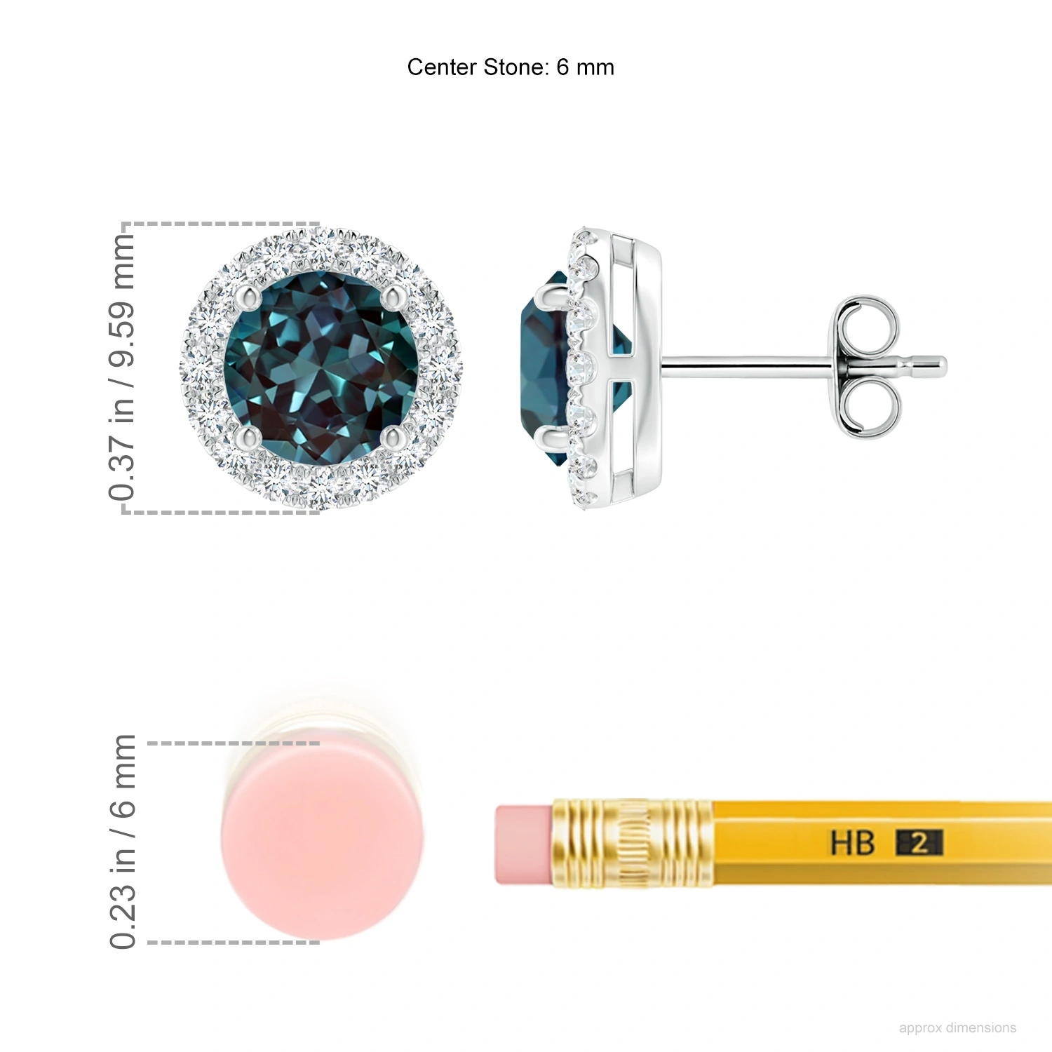 Round Lab-Grown Alexandrite Diamond Halo Stud Earrings dimension