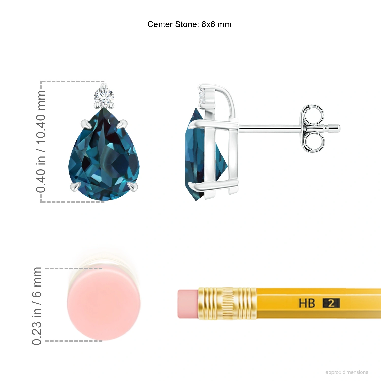 Pear Lab-Grown Alexandrite Claw-Set Stud Earrings with Diamond Accents dimension