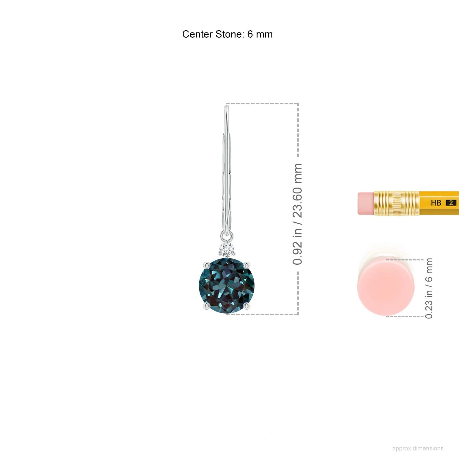 Round Lab-Grown Alexandrite and Diamond Leverback Drop Earrings dimension
