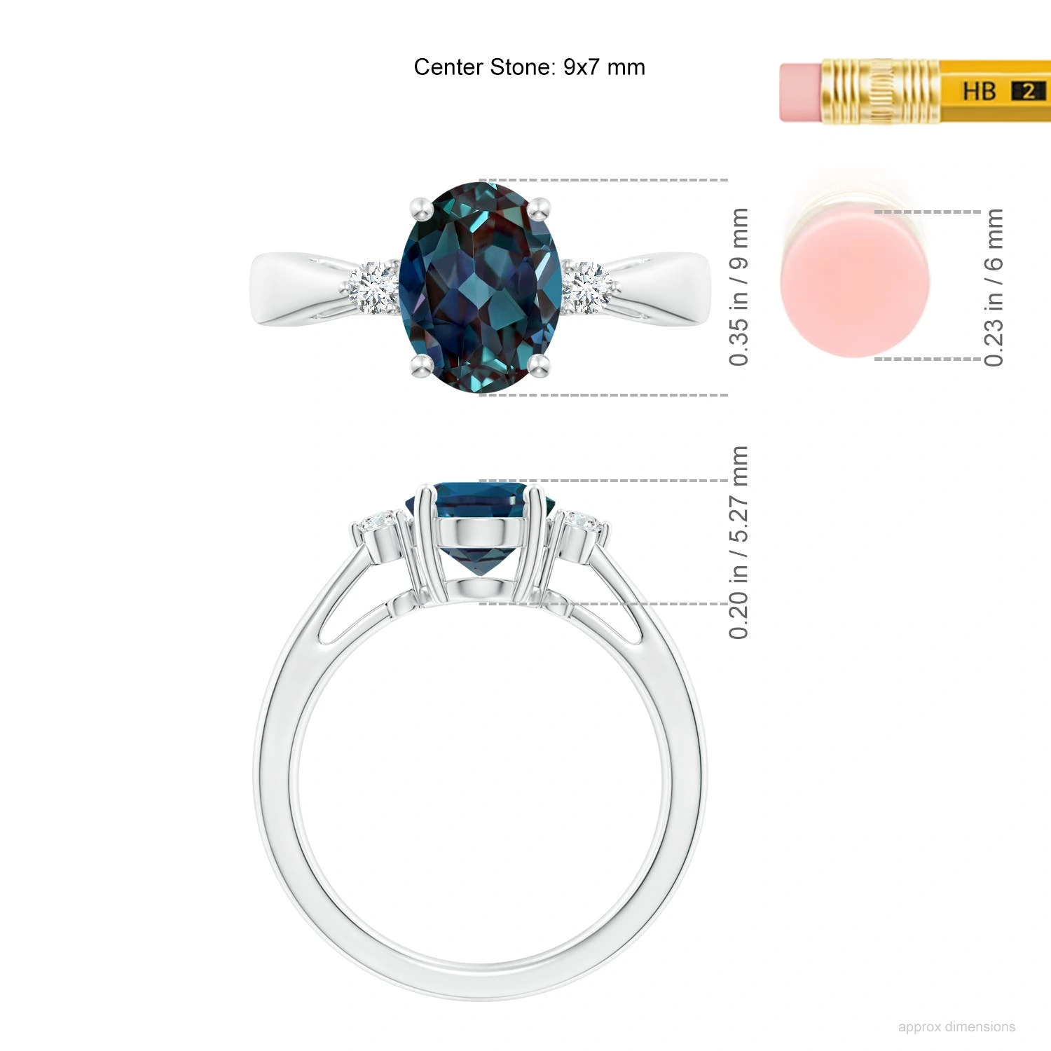 Oval Lab-Grown Alexandrite Tapered Side-Stone Ring dimension