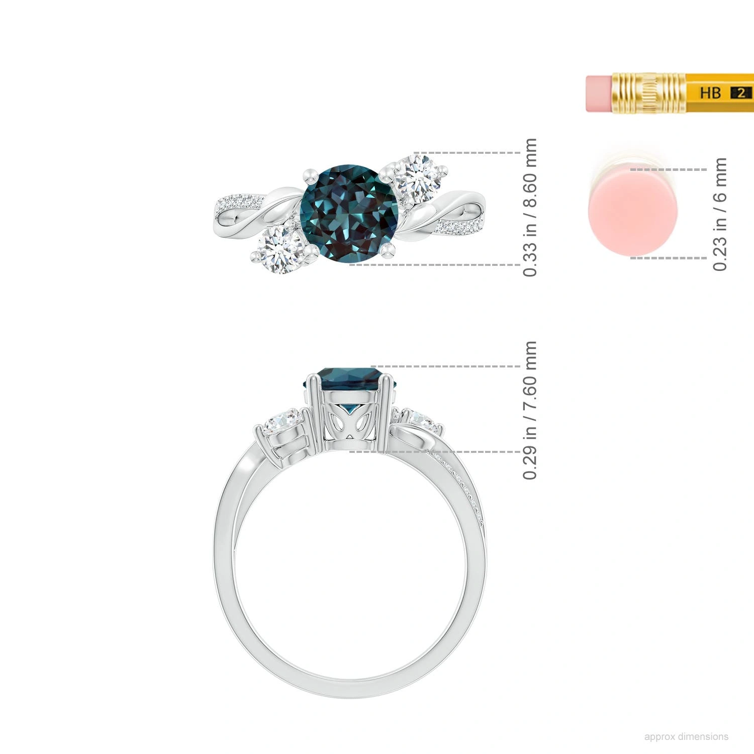 Round Lab-Grown Alexandrite Three-Stone Twisted Vine Ring dimension