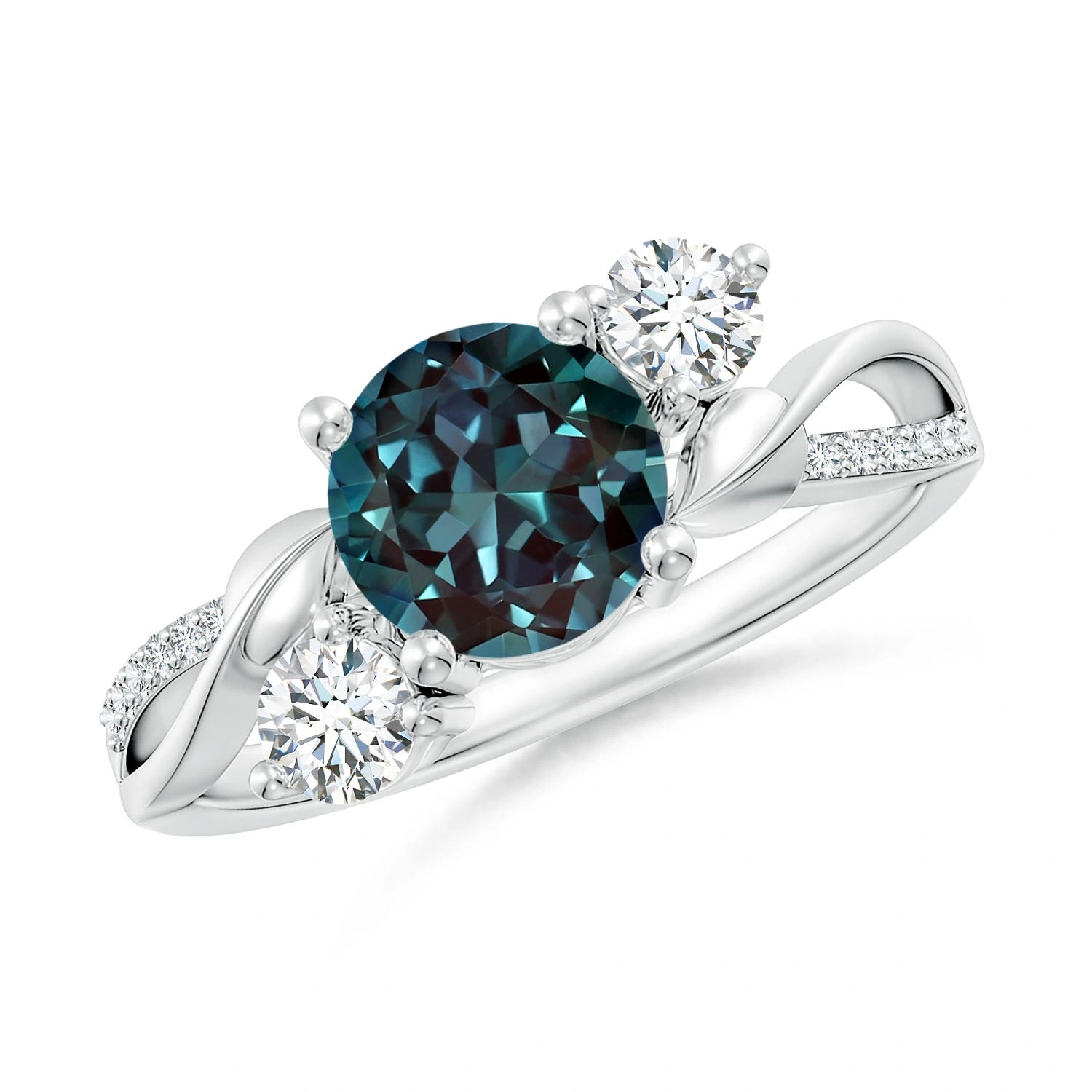 Round Lab-Grown Alexandrite Three-Stone Twisted Vine Ring main