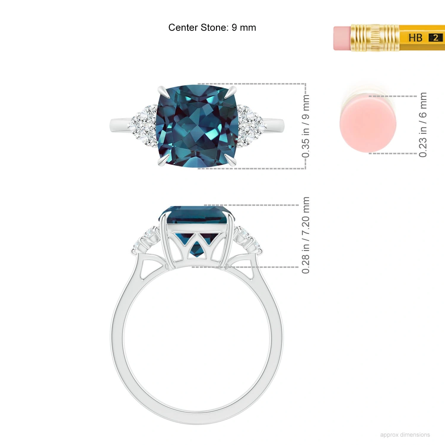 Cushion Lab-Grown Alexandrite Trio Diamond Engagement Ring dimension