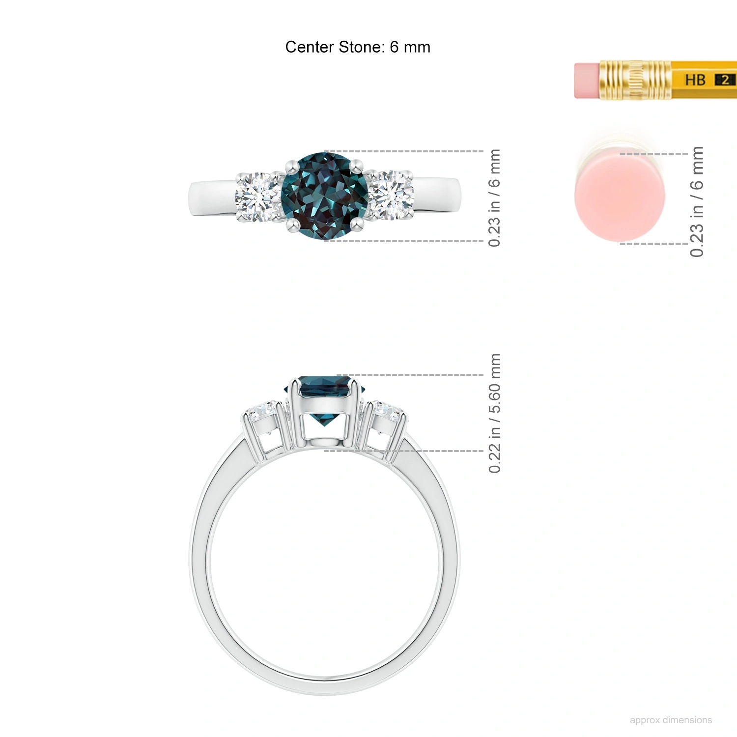 Classic Round Lab-Grown Alexandrite Three-Stone Ring with Diamond Sides dimension