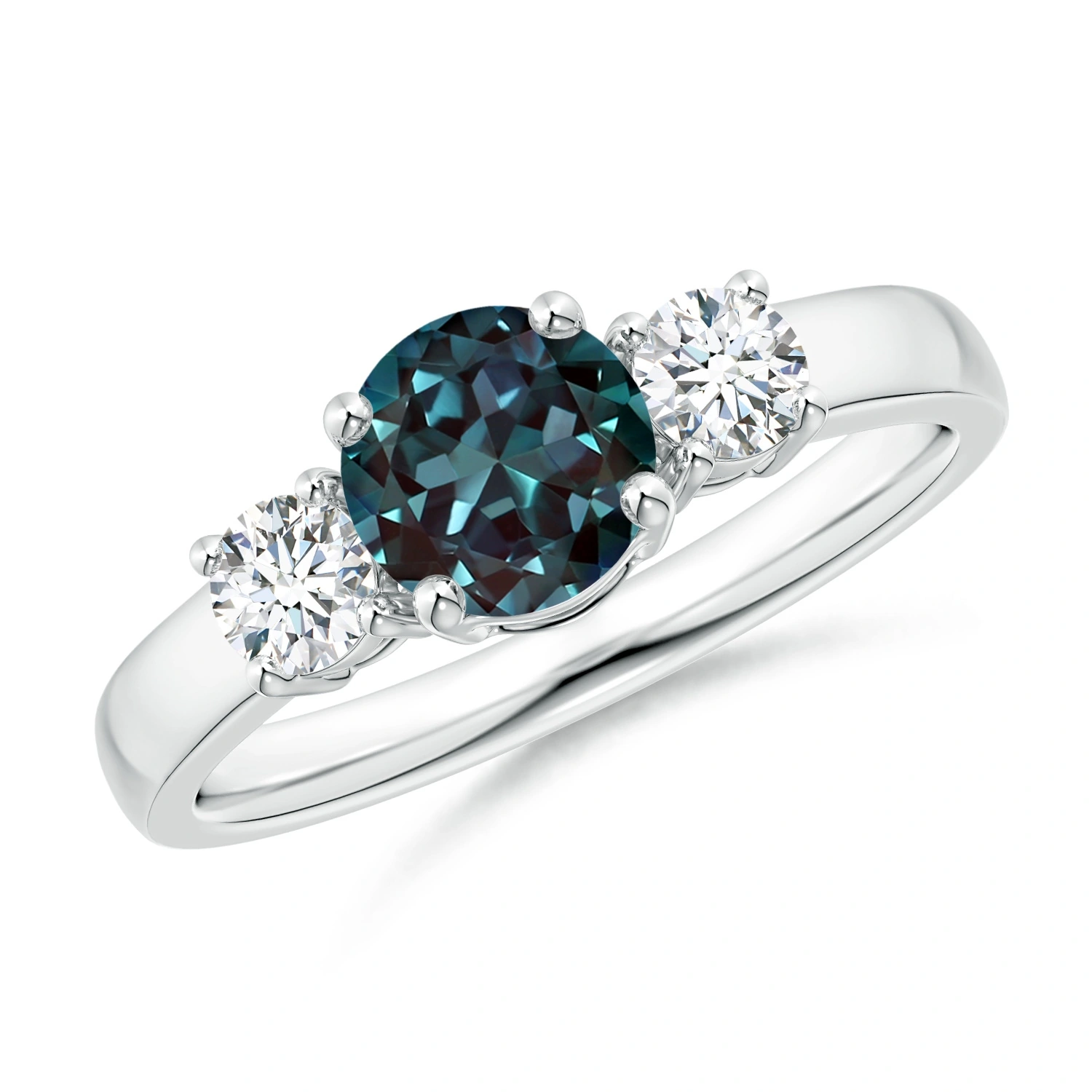 Classic Round Lab-Grown Alexandrite Three-Stone Ring with Diamond Sides