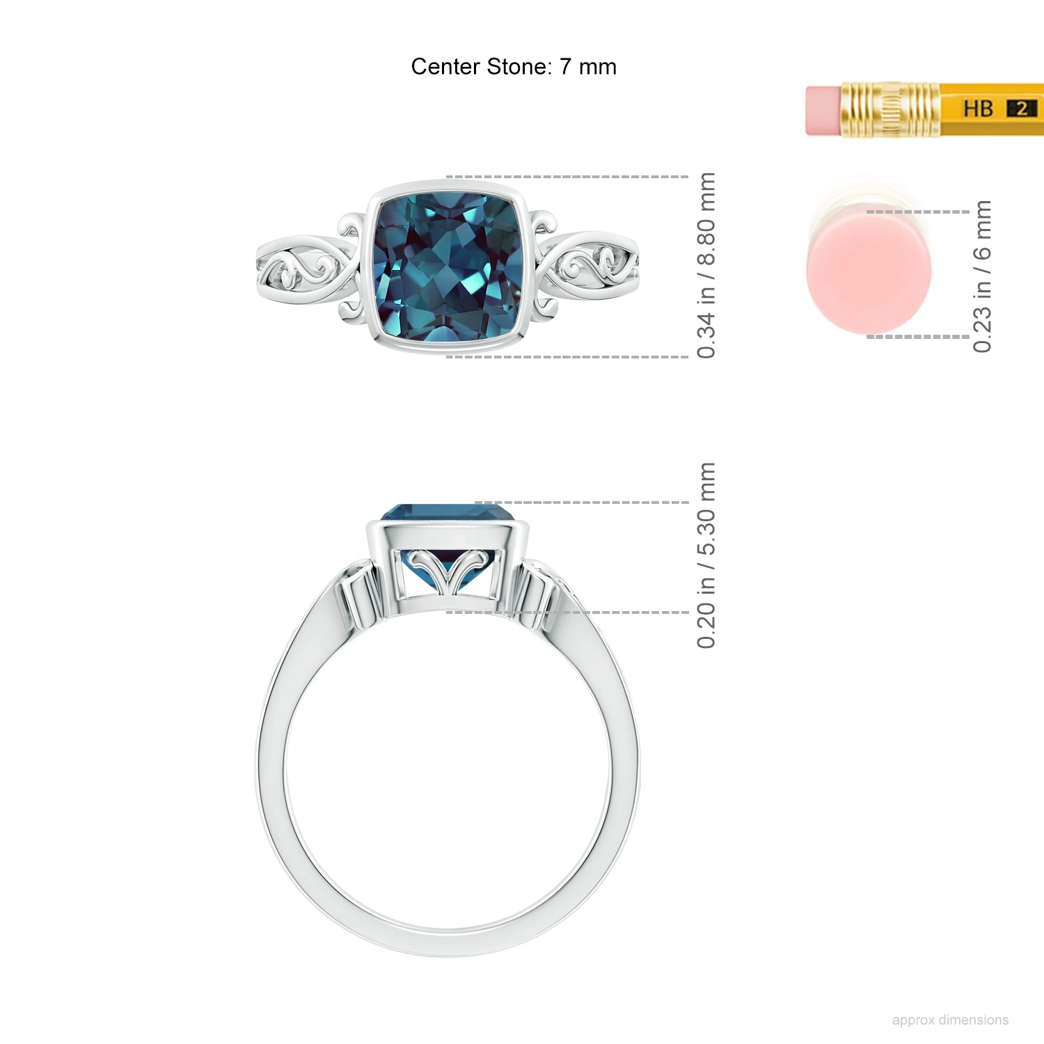 Vintage Cushion Lab-Grown Alexandrite Scrollwork Ring dimension