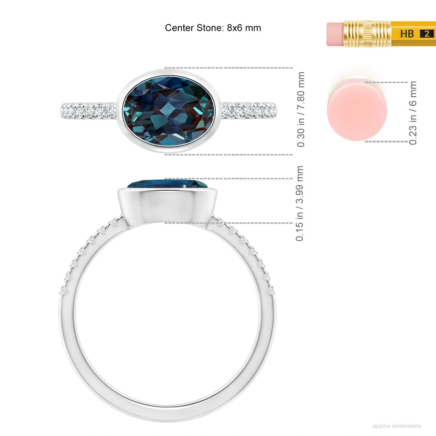 East-West Bezel-Set Oval Lab-Grown Alexandrite and Diamond Ring dimension
