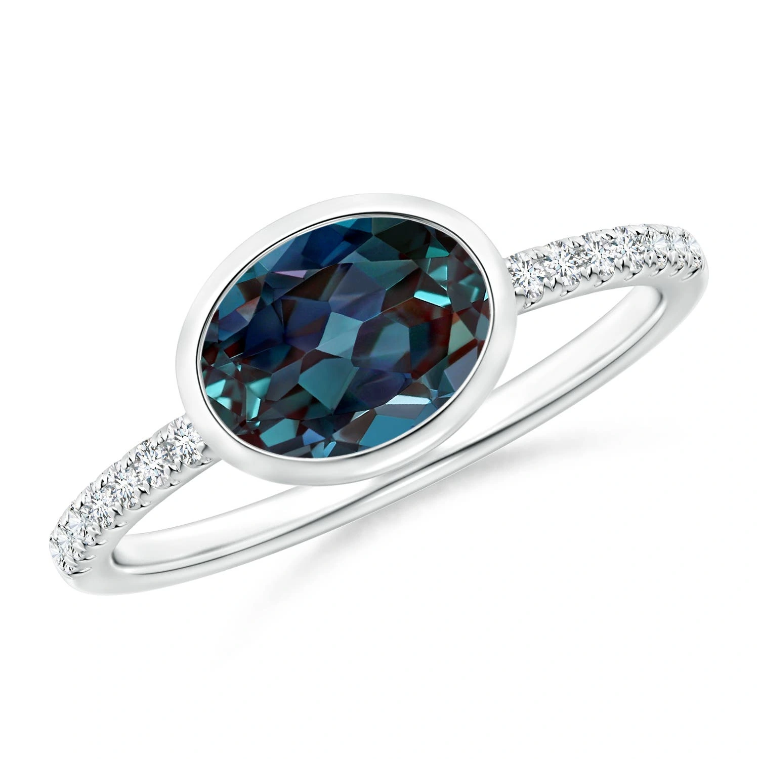 East-West Bezel-Set Oval Lab-Grown Alexandrite and Diamond Ring