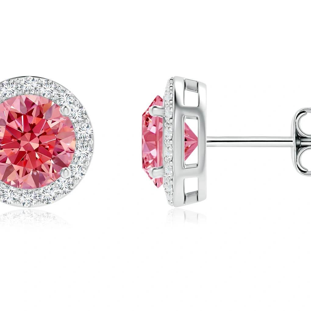 Round Lab-Grown Fancy Intense Pink Diamond Halo Stud Earrings detail