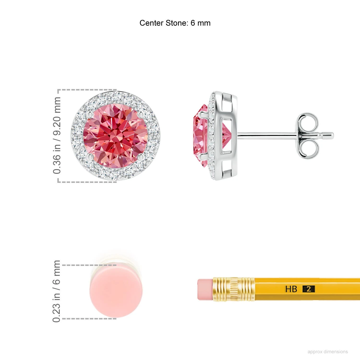 Round Lab-Grown Fancy Intense Pink Diamond Halo Stud Earrings dimension