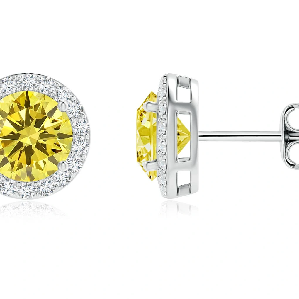Round Lab-Grown Fancy Intense Yellow Diamond Halo Stud Earrings detail