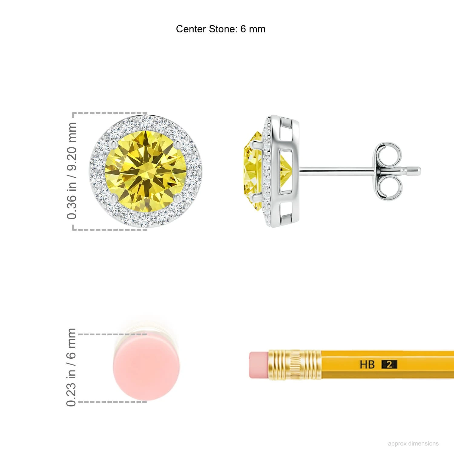 Round Lab-Grown Fancy Intense Yellow Diamond Halo Stud Earrings dimension