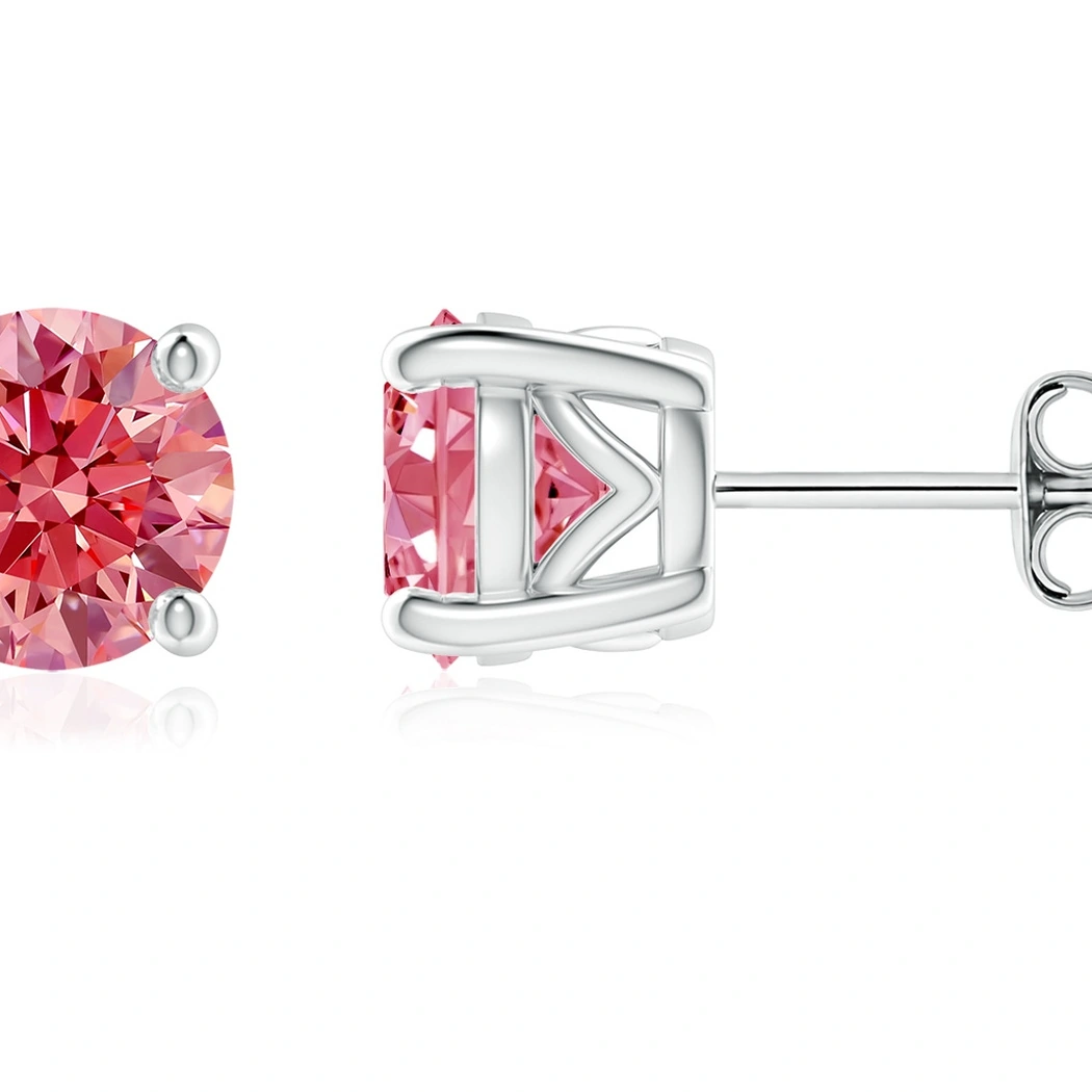 Vintage-Style Round Fancy Intense Pink Lab-Grown Diamond Solitaire Stud Earrings detail