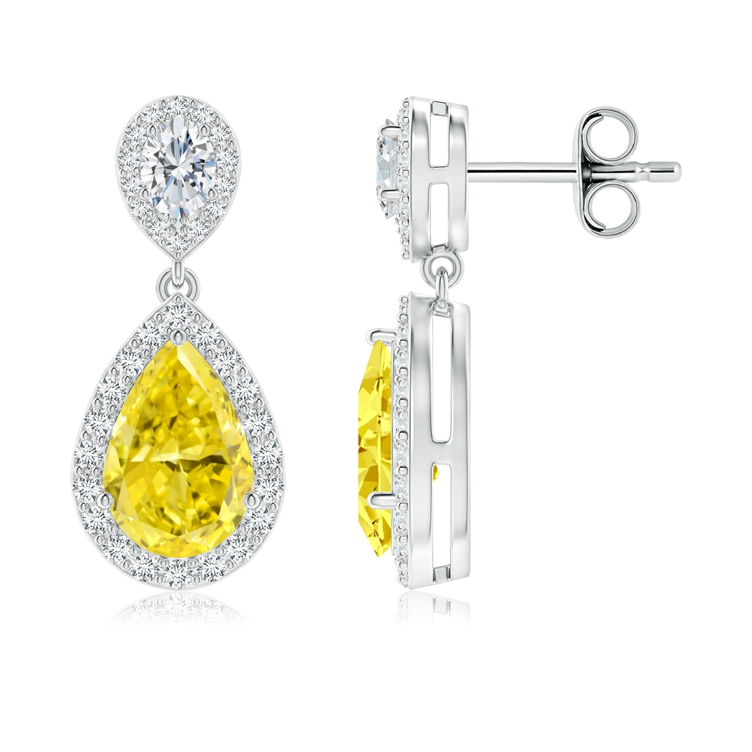 Pear Fancy Intense Yellow Lab-Grown Diamond Halo Drop Earrings