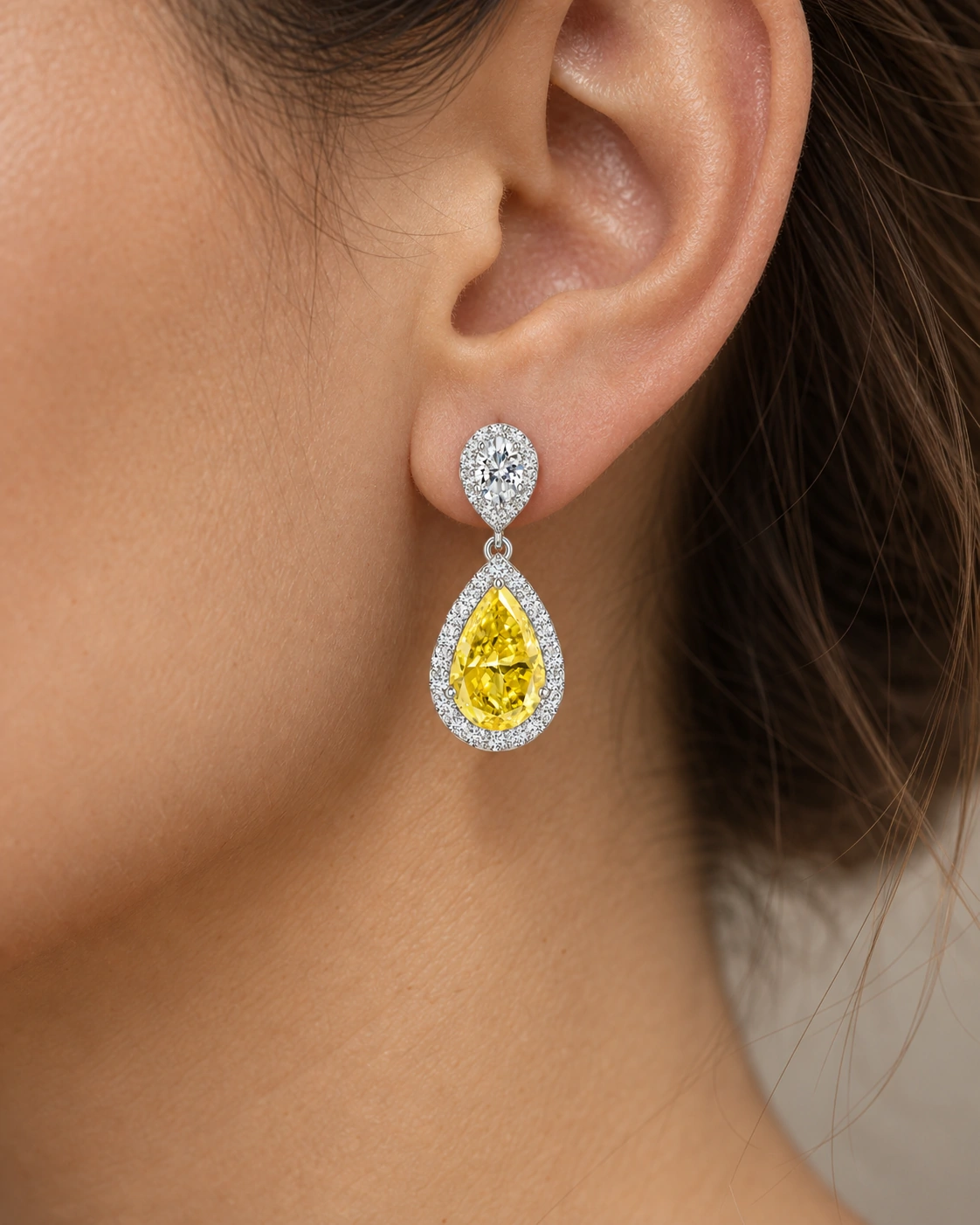 Pear Fancy Intense Yellow Lab-Grown Diamond Halo Drop Earrings model