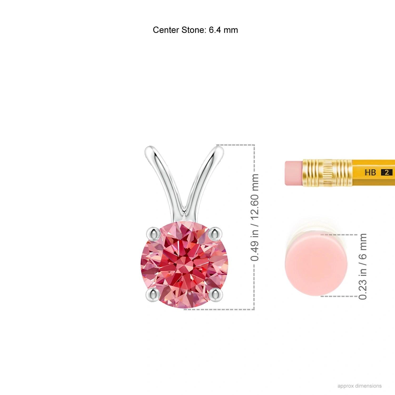Round Fancy Intense Pink Lab-Grown Diamond Solitaire V-Bale Pendant dimension