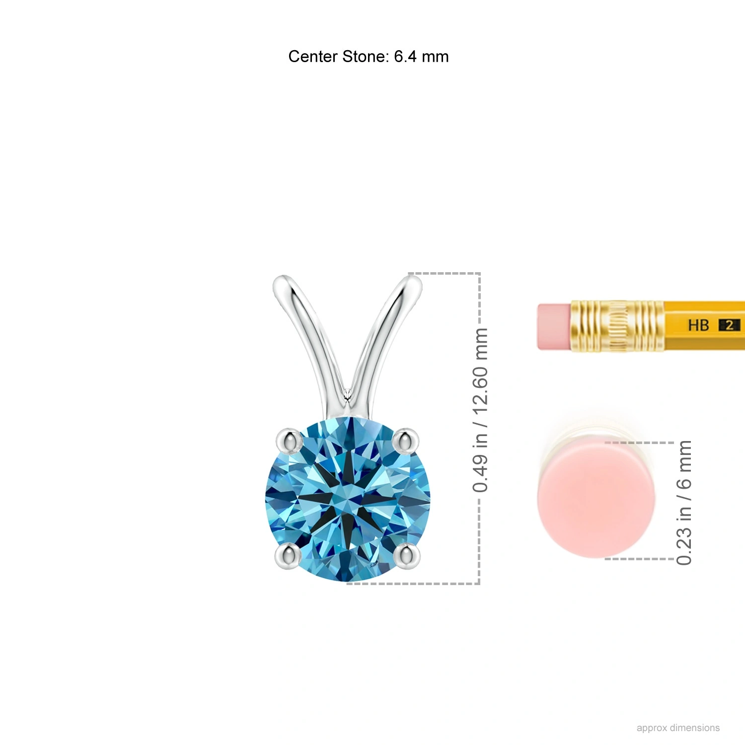 Round Fancy Intense Blue Lab-Grown Diamond Solitaire V-Bale Pendant dimension