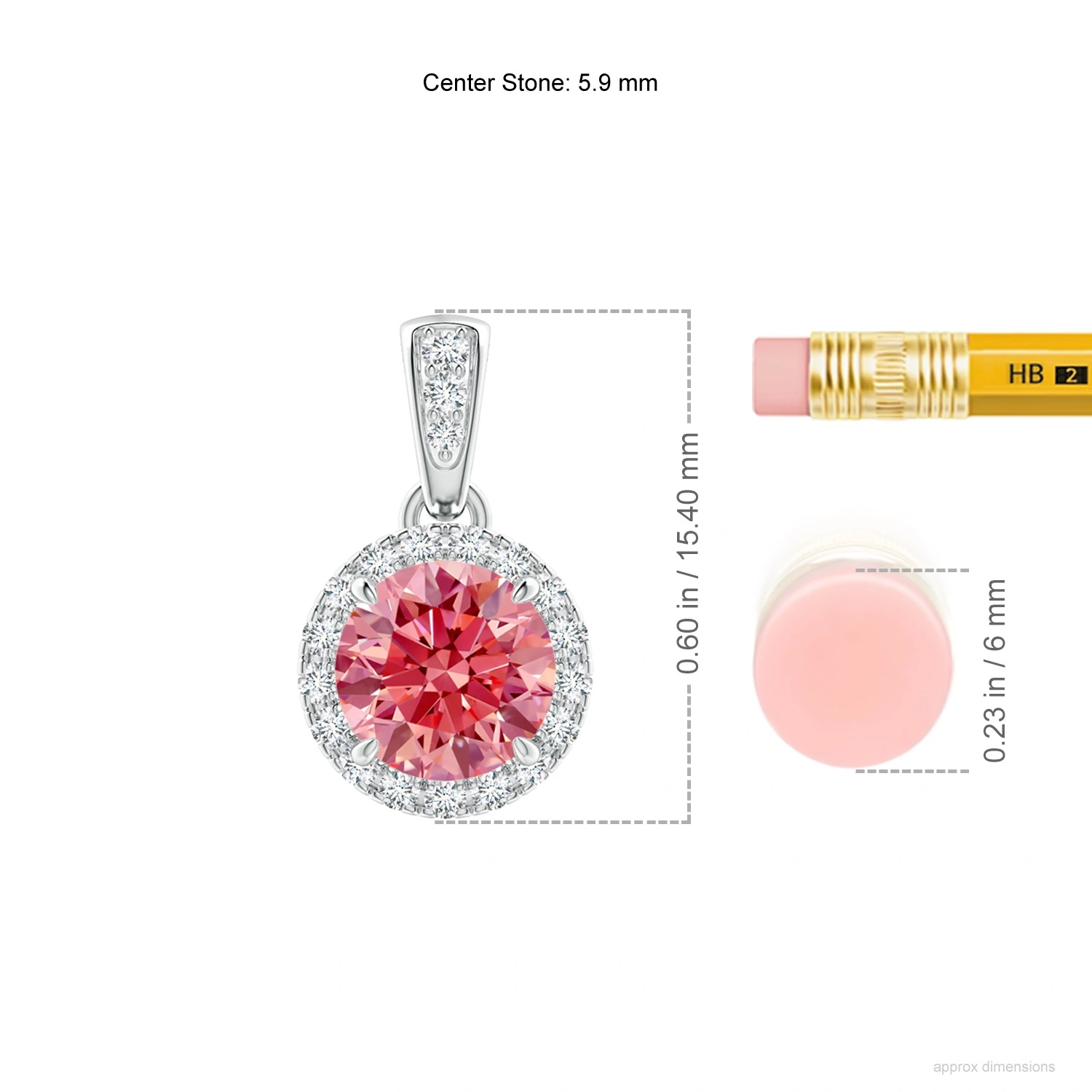 Round Fancy Intense Pink Lab-Grown Diamond Halo Pendant dimension