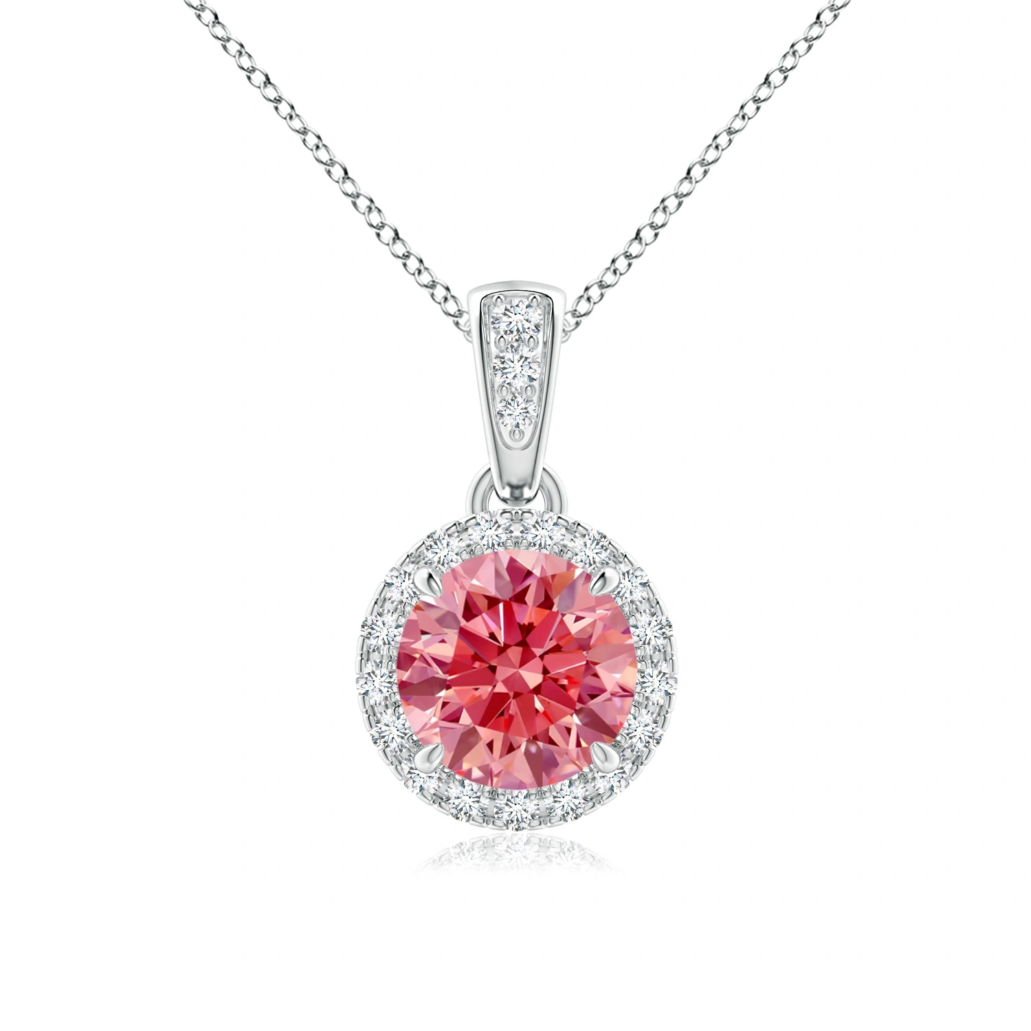 Round Fancy Intense Pink Lab-Grown Diamond Halo Pendant