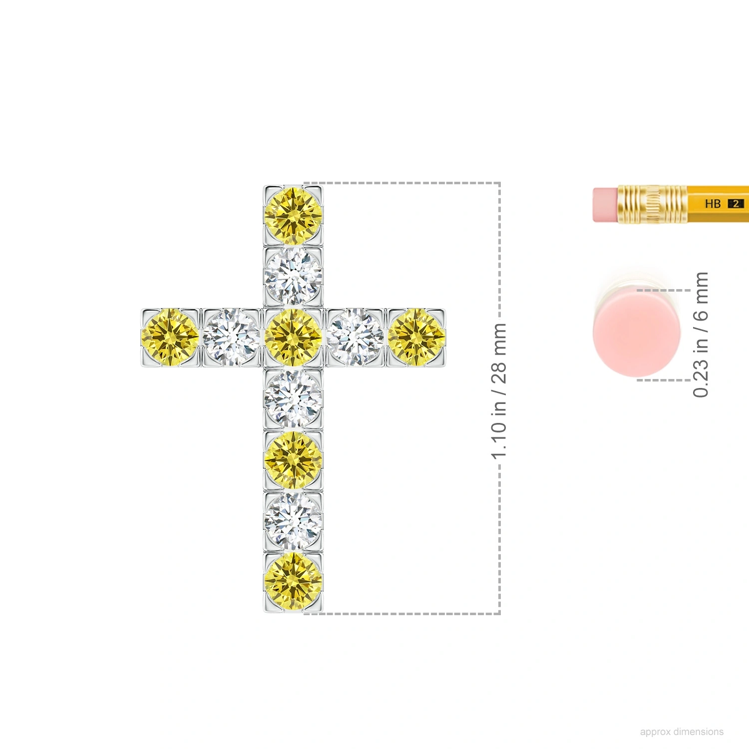 Alternating Yellow and White Lab-Grown Diamond Cross Pendant dimension