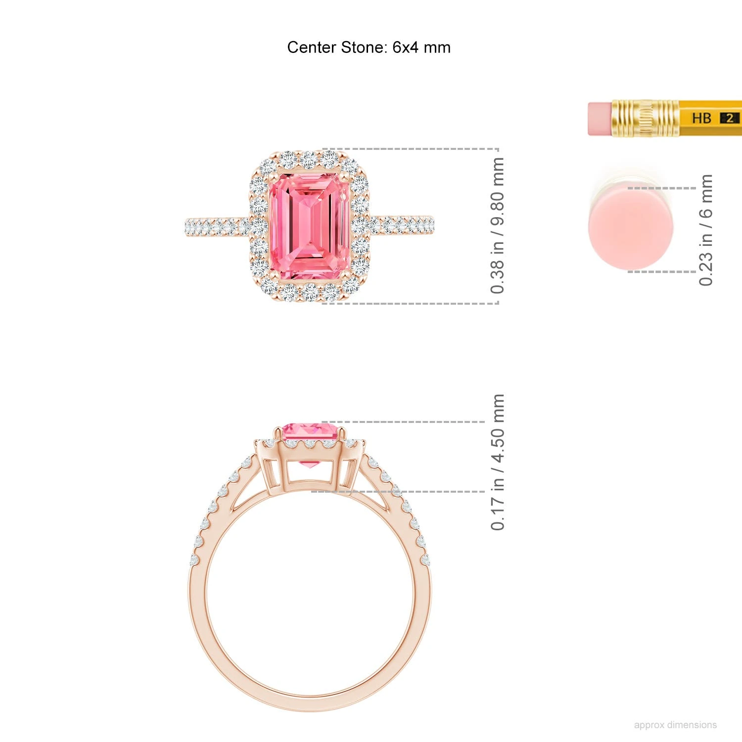 Emerald-Cut Lab-Grown Pink Diamond Halo Ring dimension