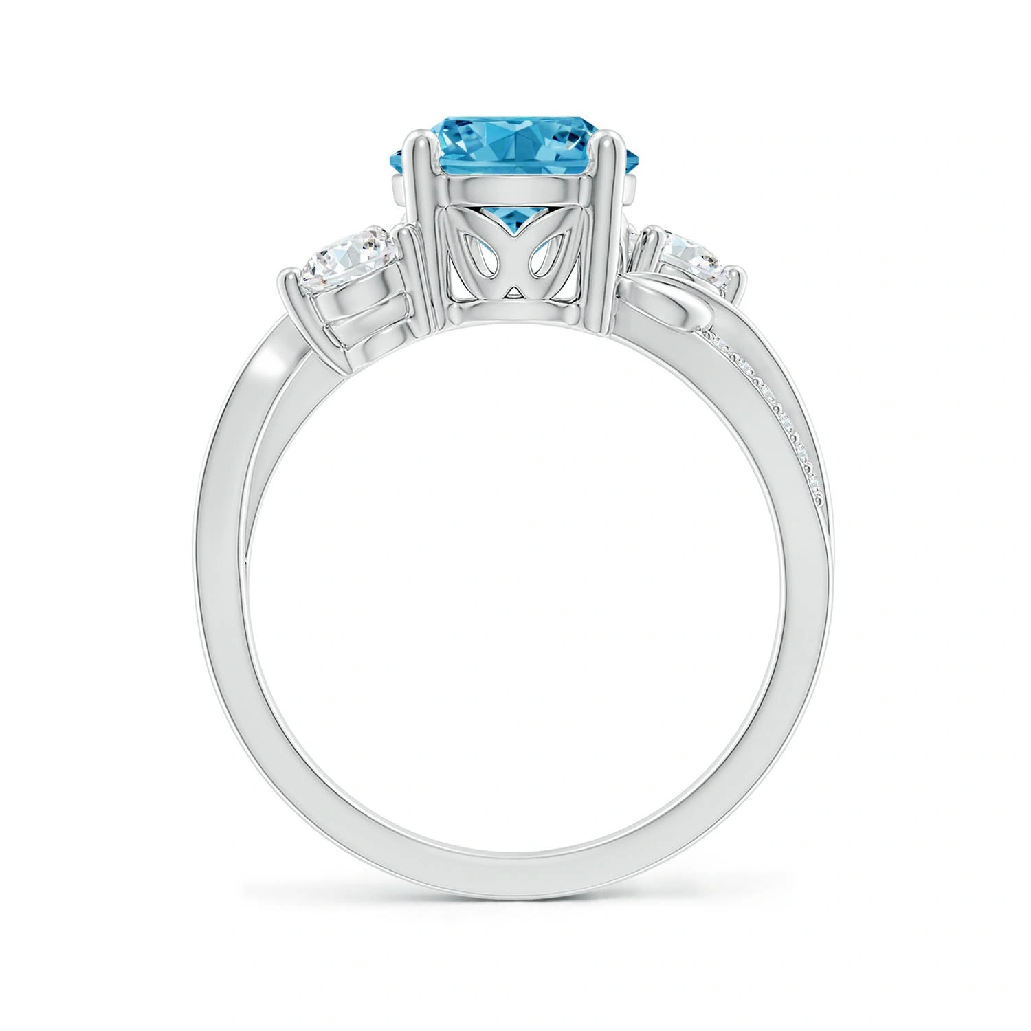 Round Lab-Grown Blue Diamond Three-Stone Twisted Vine Ring detail