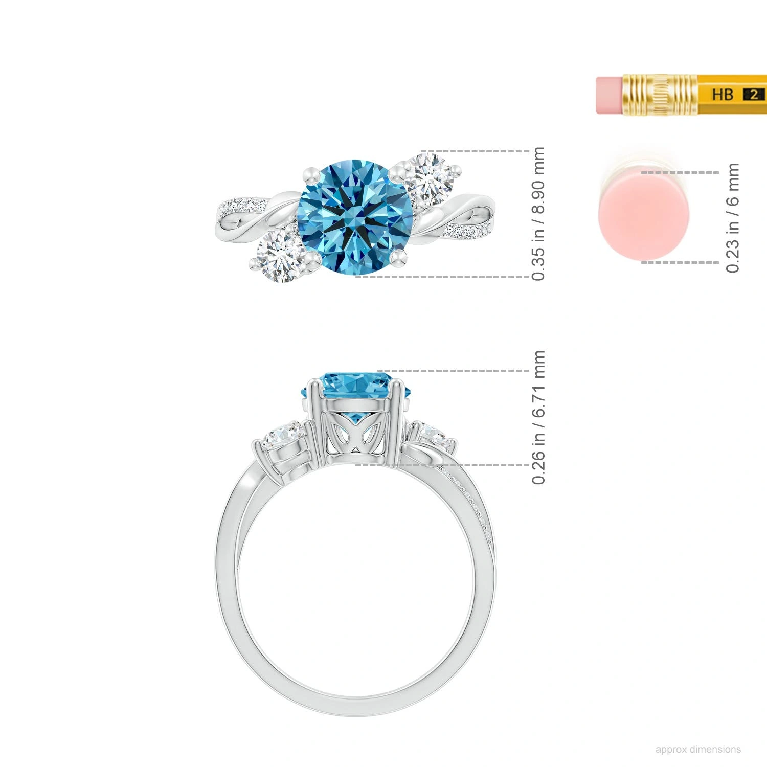 Round Lab-Grown Blue Diamond Three-Stone Twisted Vine Ring dimension
