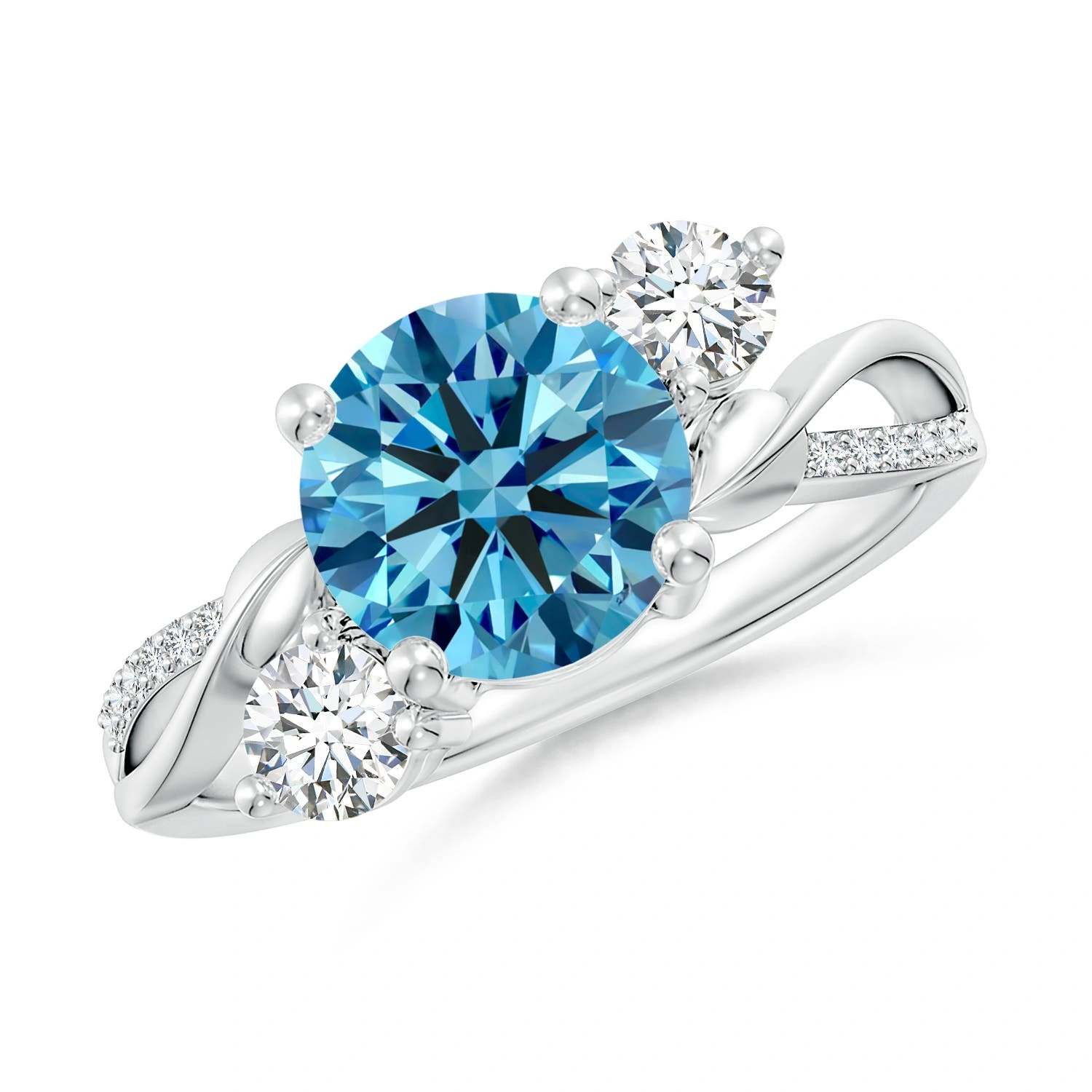 Round Lab-Grown Blue Diamond Three-Stone Twisted Vine Ring main