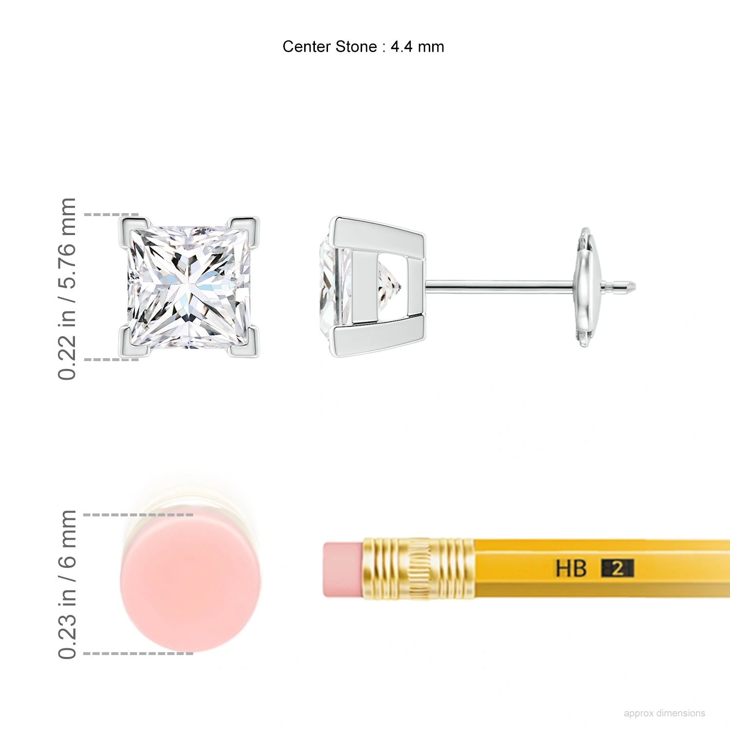 V-Prong Princess-Cut Lab-Grown Diamond Solitaire Stud Earrings dimension