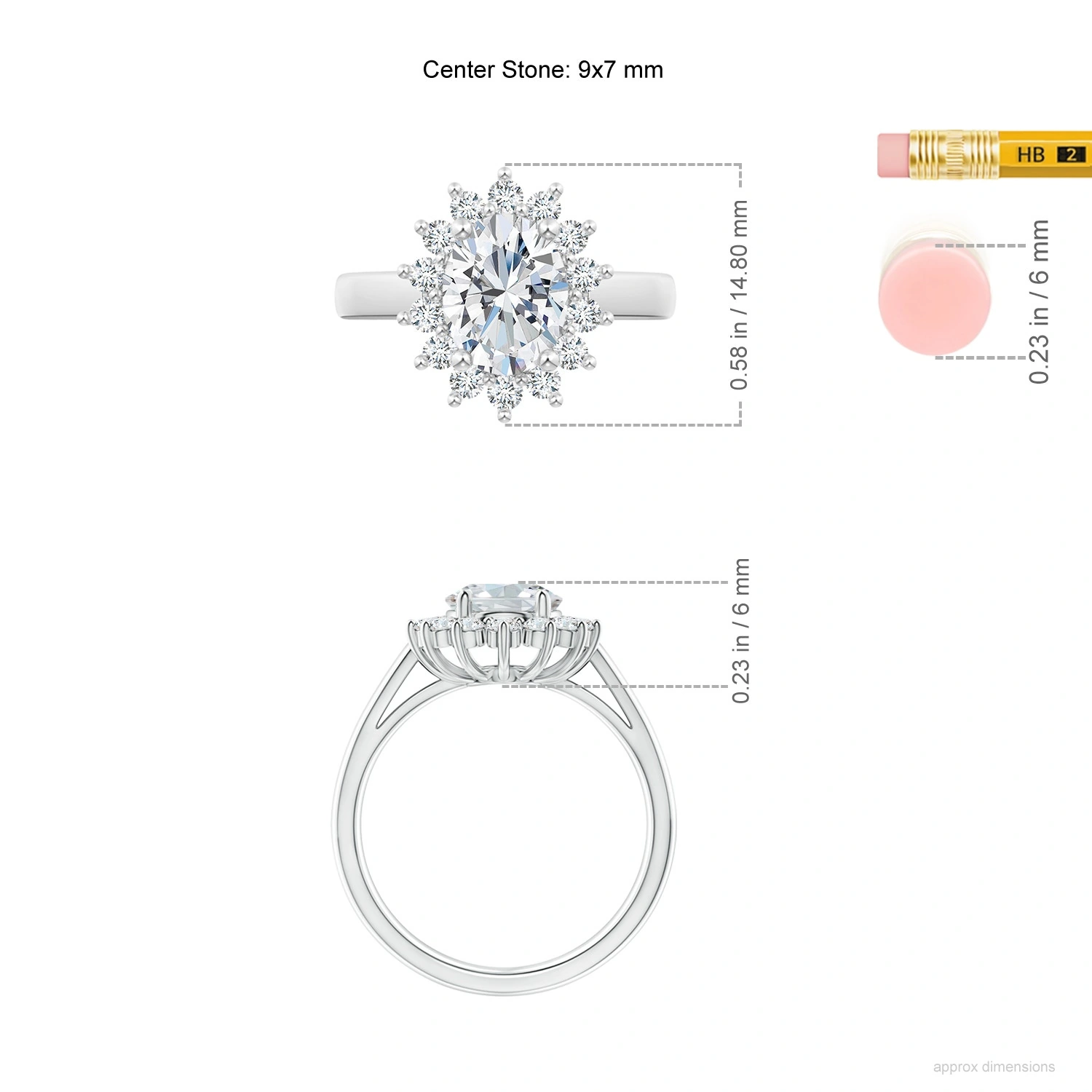 Oval Lab-Grown Diamond Floral Halo Engagement Ring dimension