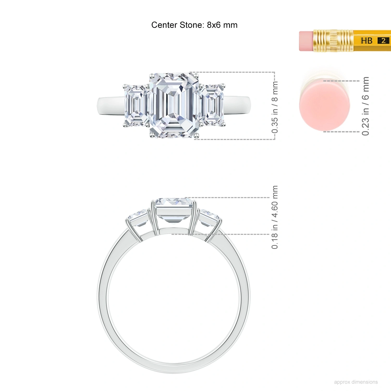 Emerald-Cut Lab-Grown Diamond Three-Stone Engagement Ring dimension