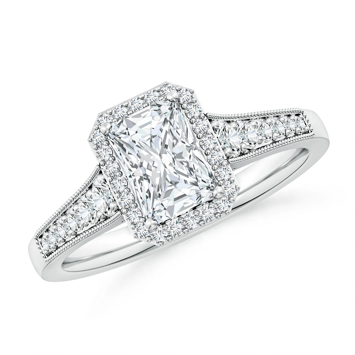 Radiant-Cut Lab-Grown Diamond Halo Engagement Ring with Milgrain