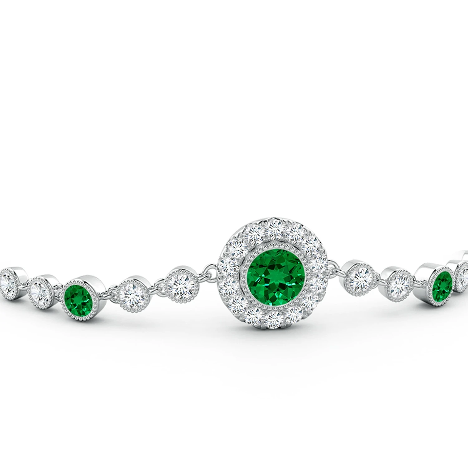 Round Lab-Grown Emerald Vintage Halo Station Bracelet detail