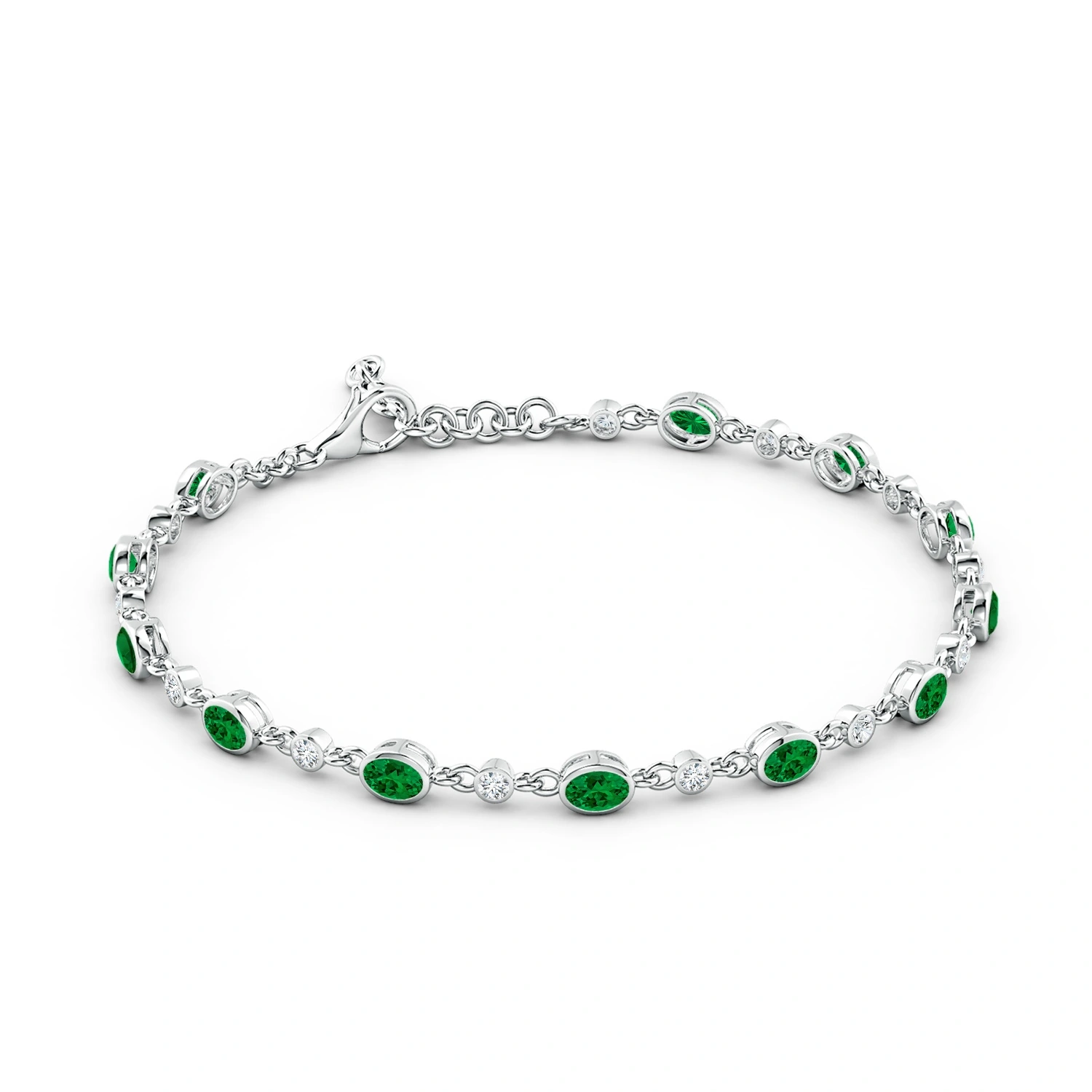 Alternating Oval Lab-Grown Emerald and Round Diamond Tennis Bracelet detail