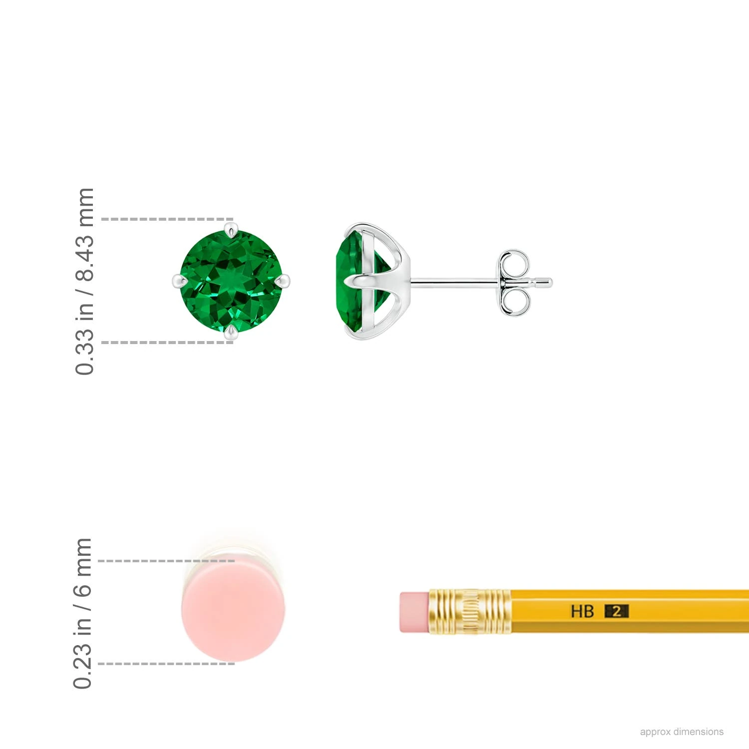 Round Lab-Grown Emerald Claw-Set Solitaire Stud Earrings dimension