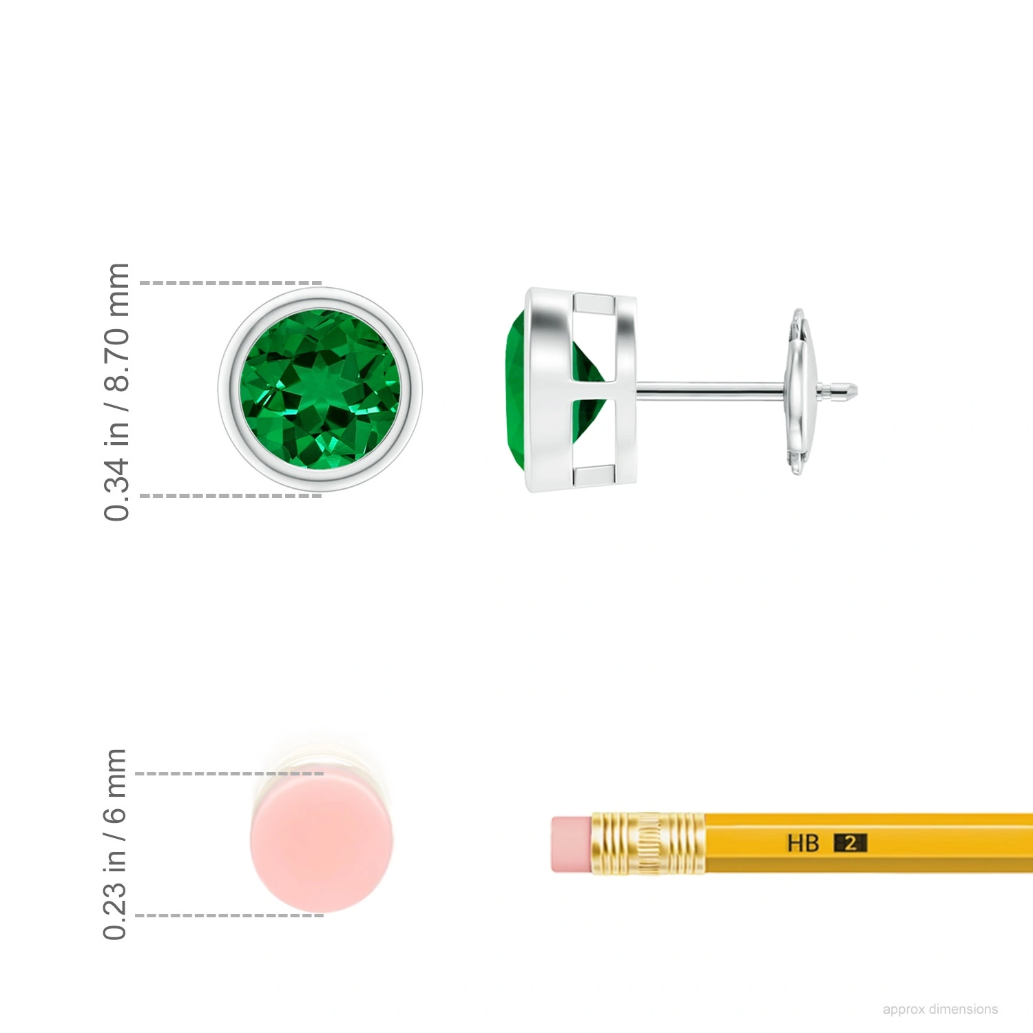 Bezel-Set Round Lab-Grown Emerald Solitaire Stud Earrings dimension
