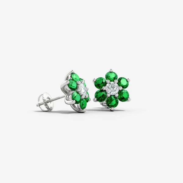 Lab-Grown Emerald and Diamond Six-Petal Flower Stud Earrings detail