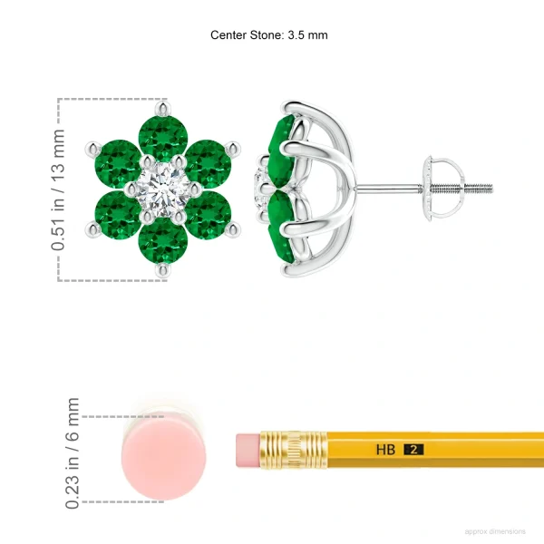 Lab-Grown Emerald and Diamond Six-Petal Flower Stud Earrings dimension