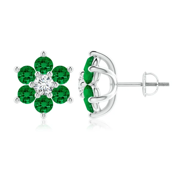 Lab-Grown Emerald and Diamond Six-Petal Flower Stud Earrings main