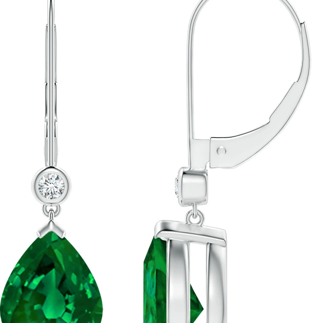 Pear-Shaped Lab-Grown Emerald Leverback Drop Earrings with Diamond Accents detail