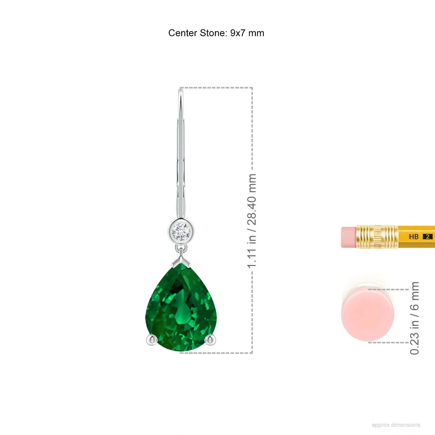 Pear-Shaped Lab-Grown Emerald Leverback Drop Earrings with Diamond Accents dimension