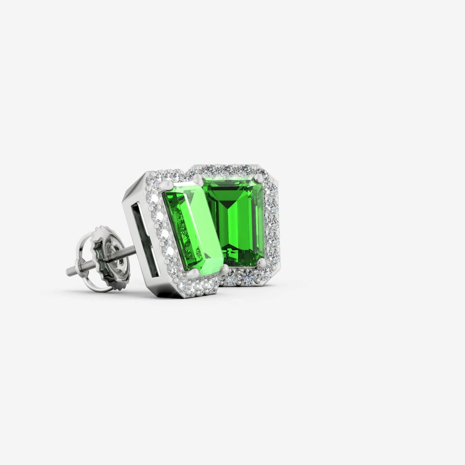 Emerald-Cut Lab-Grown Emerald Halo Stud Earrings detail