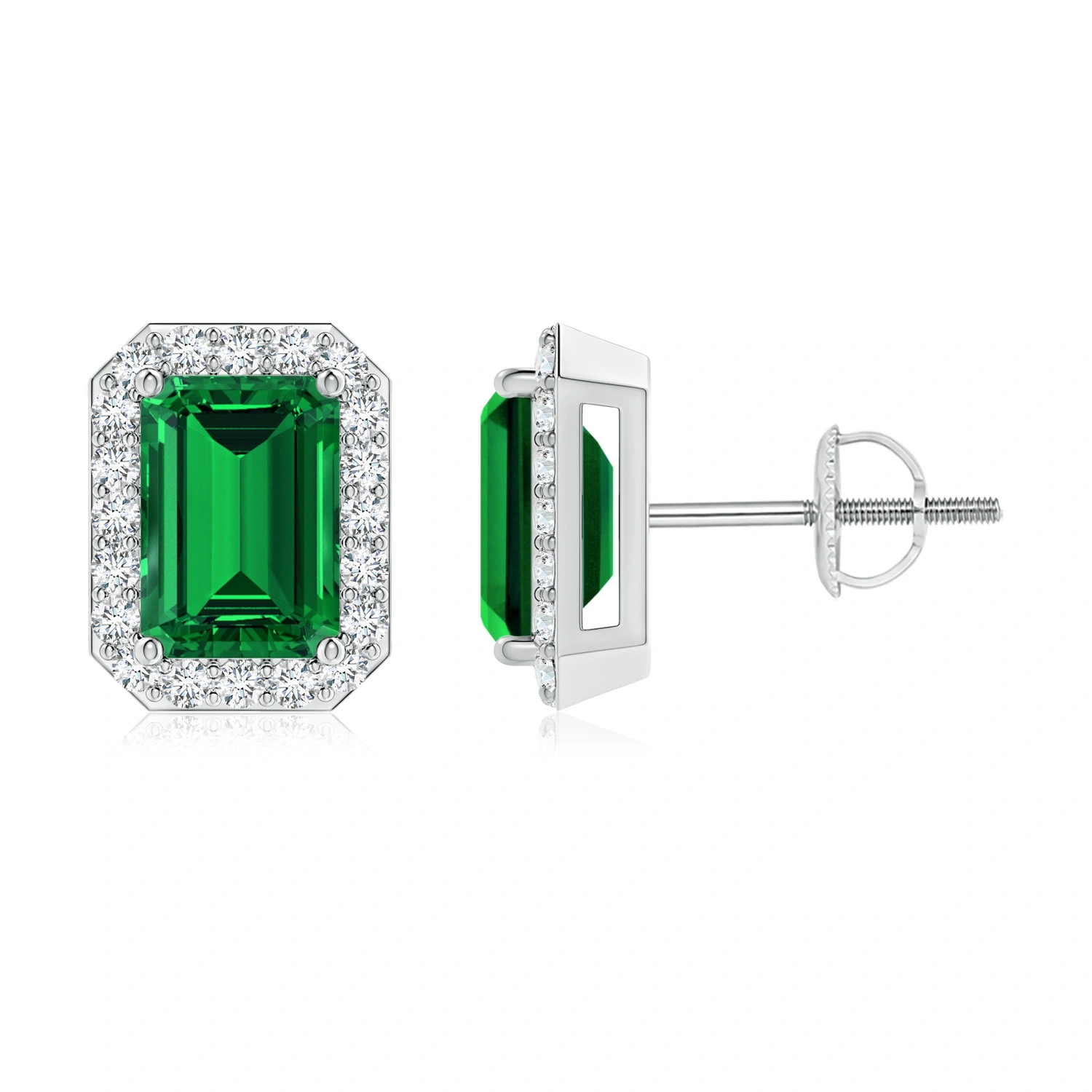 Emerald-Cut Lab-Grown Emerald Halo Stud Earrings