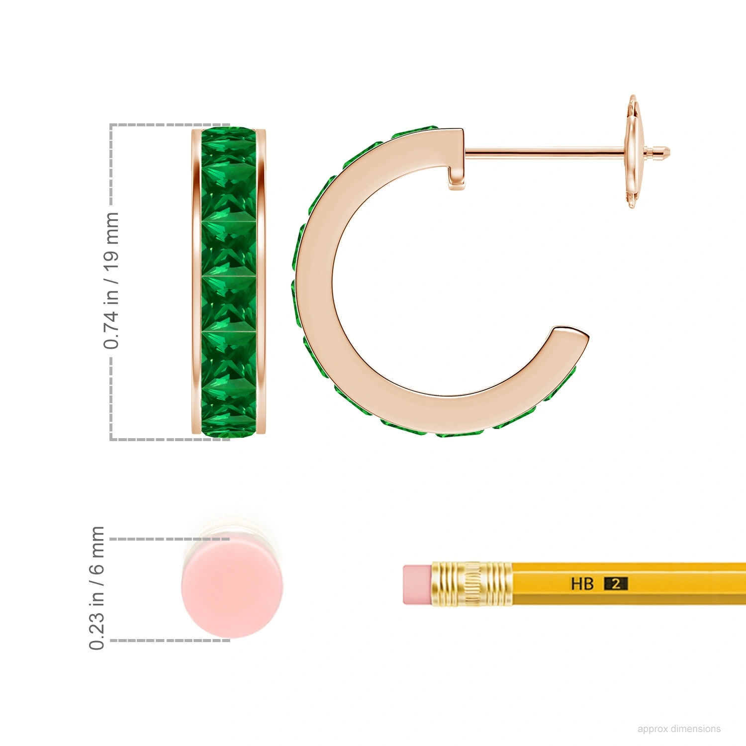 Channel-Set Square Lab-Grown Emerald Huggie Hoop Earrings dimension