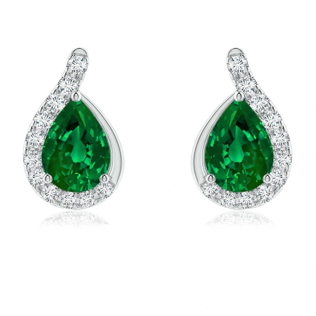 Pear Lab-Grown Emerald Earrings with Diamond Swirl Frames detail