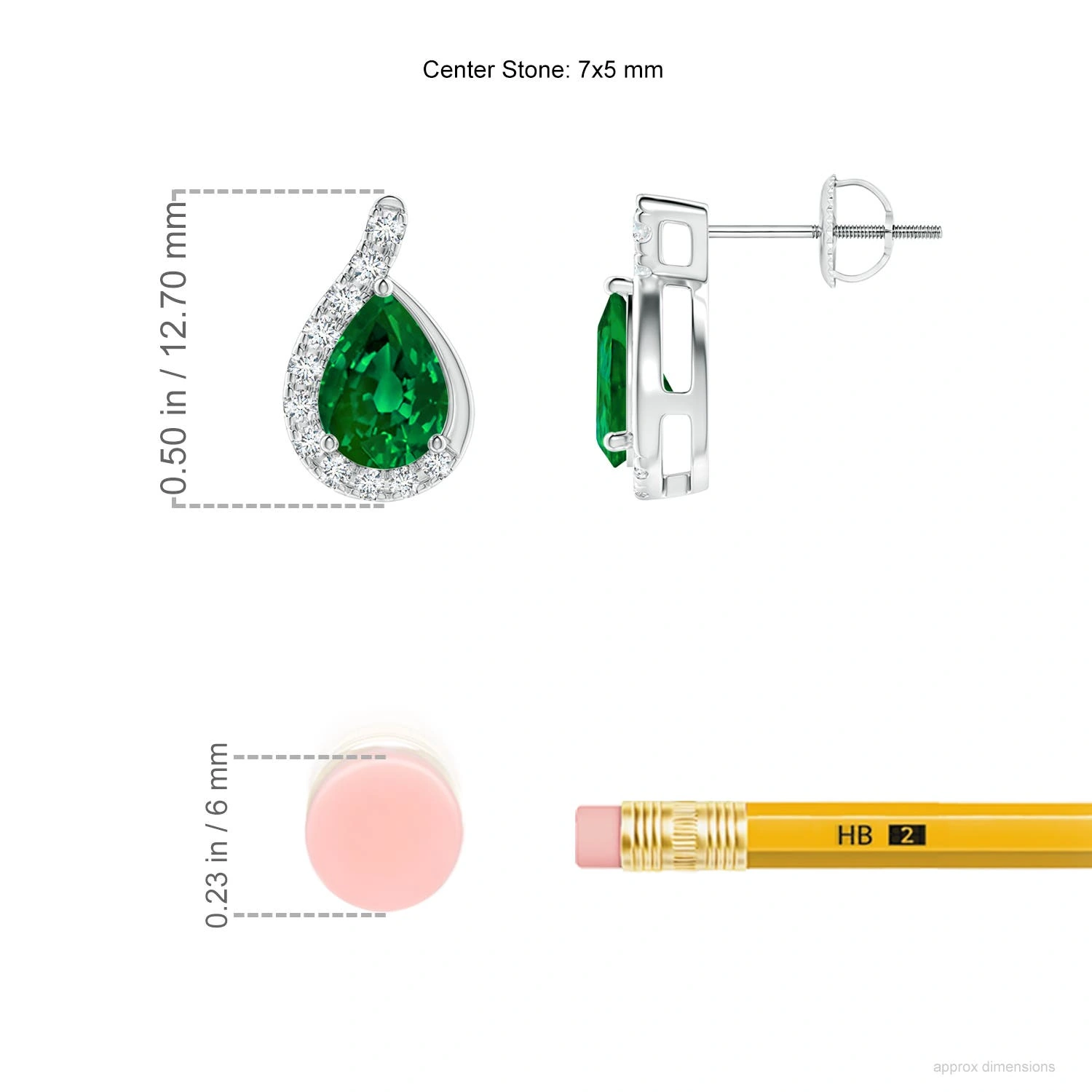 Pear Lab-Grown Emerald Earrings with Diamond Swirl Frames dimension
