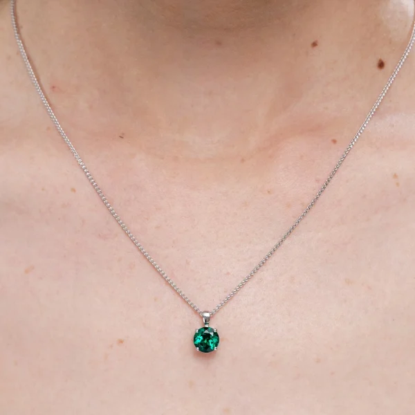 Round Lab-Grown Emerald Four-Prong Solitaire Necklace detail