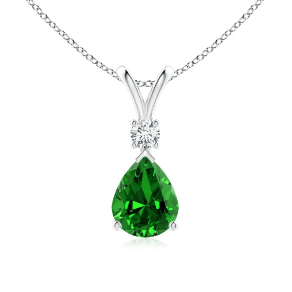 Pear-Shaped Lab-Grown Emerald V-Bale Necklace with Diamond Accent main