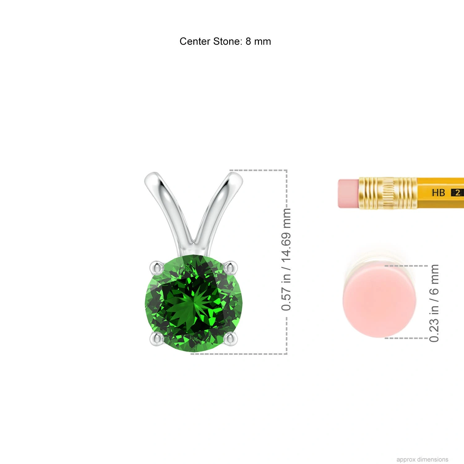 Round Lab-Grown Emerald V-Bale Solitaire Pendant dimension