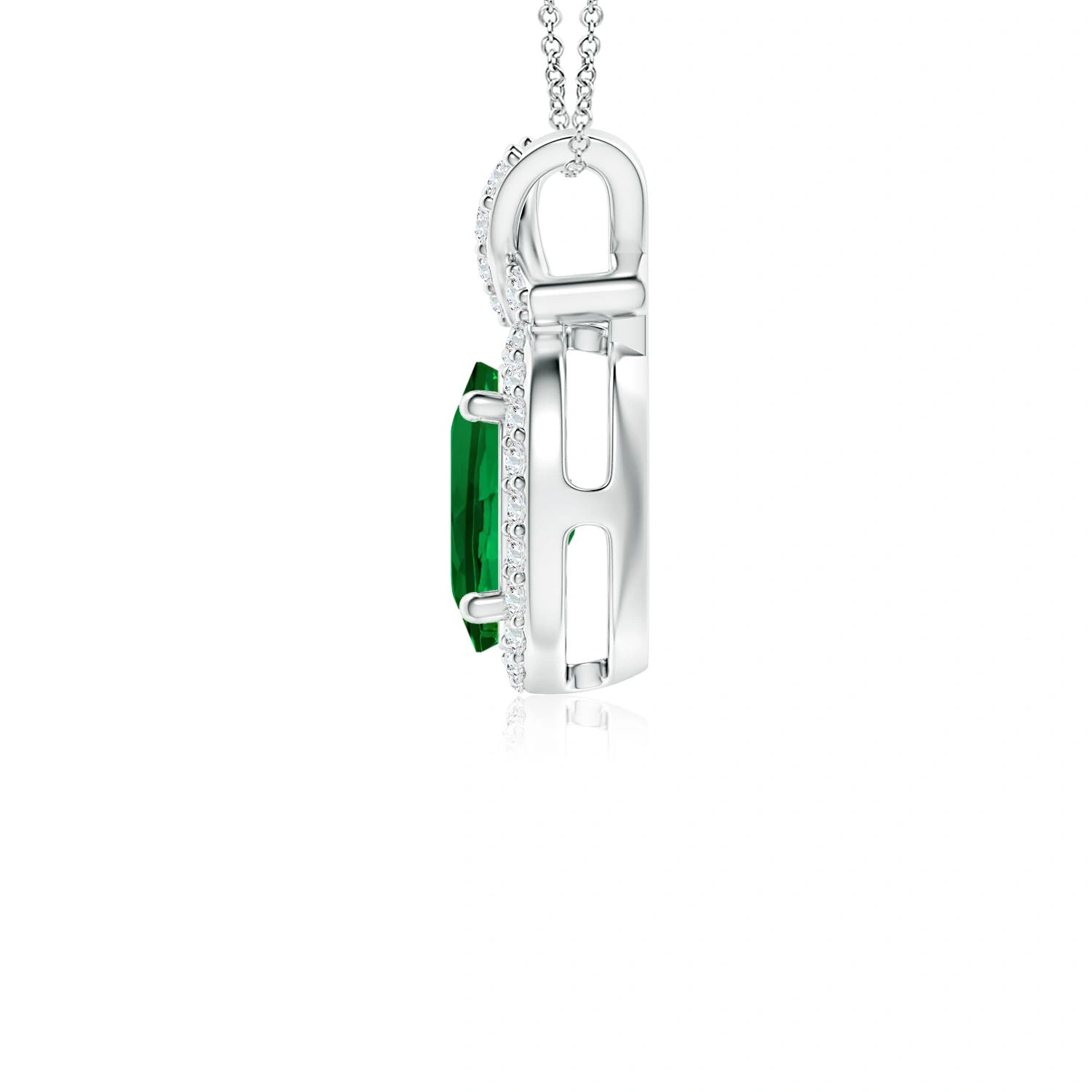 Oval Lab-Grown Emerald Vintage Diamond Halo Pendant detail
